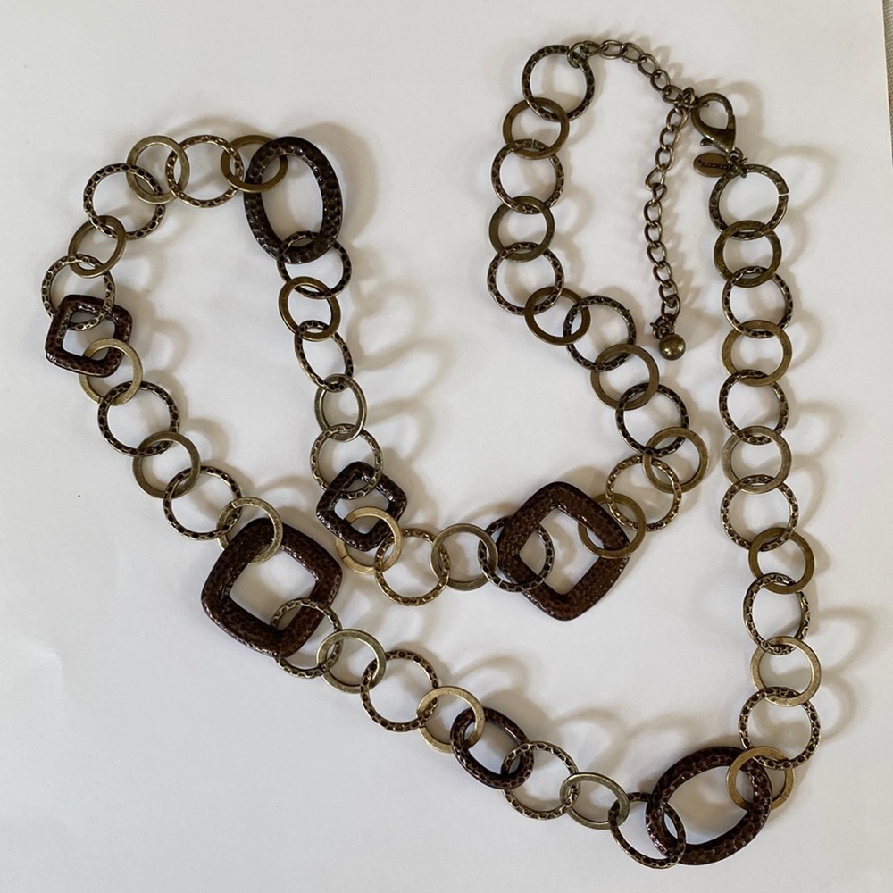 Chico’s antique brass‎ link long statement necklace.